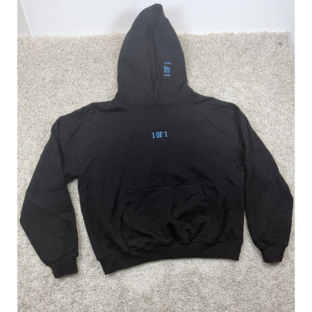 1 Of 1 Black Hoodie Mens L Blue Embroidered Logo Pullover 100% Cotton Streetwear